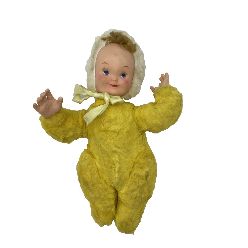 Vintage Rubber Sweet Face Baby Doll Yellow Suit Brown Hair Moving Arms‎ Rushton?